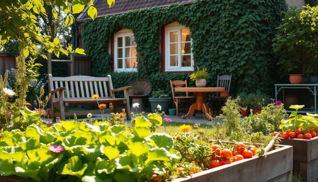 A charming cottage vegetable garden, vibrant and well-organized, nestled in a serene backyard. In the foreground, a raised bed filled with a variety of colorful vegetables—lush green lettuce, bright orange carrots, and plump tomatoes—interspersed with delicate flowers for aesthetic appeal. The middle ground features rustic wooden garden furniture, like an inviting weathered bench and a quaint table with terracotta pots. The background reveals a quaint, ivy-covered cottage with warm light spilling from its windows, surrounded by soft greenery. Bathed in bright natural light, the scene is balanced by soft sunlight filtering through leaves, creating a warm and inviting atmosphere. The angle captures the garden in a slight overview, emphasizing tranquility and harmony in the cottage garden setting. A charming cottage vegetable garden, vibrant and well-organized, nestled in a serene backyard. In the foreground, a raised bed filled with a variety of colorful vegetables—lush green lettuce, bright orange carrots, and plump tomatoes—interspersed with delicate flowers for aesthetic appeal. The middle ground features rustic wooden garden furniture, like an inviting weathered bench and a quaint table with terracotta pots. The background reveals a quaint, ivy-covered cottage with warm light spilling from its windows, surrounded by soft greenery. Bathed in bright natural light, the scene is balanced by soft sunlight filtering through leaves, creating a warm and inviting atmosphere. The angle captures the garden in a slight overview, emphasizing tranquility and harmony in the cottage garden setting.