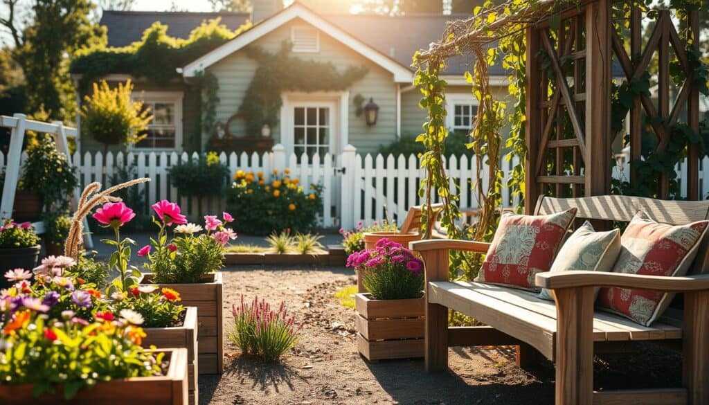 A charming farmhouse garden scene showcasing creative DIY decor made from scrap wood. In the foreground, feature rustic wooden planters filled with vibrant flowers, alongside a wooden bench adorned with handmade cushions. The middle ground includes a weathered wood trellis adorned with climbing vines, enhancing the garden's aesthetic. In the background, a quaint farmhouse with a white picket fence is bathed in warm, soft sunlight, creating an inviting atmosphere. The lighting is bright and natural, casting gentle shadows that add depth. Capture this serene setting from a slightly elevated angle, emphasizing the layered textures of wood and foliage, evoking a sense of tranquility and creativity in a cozy outdoor space.
