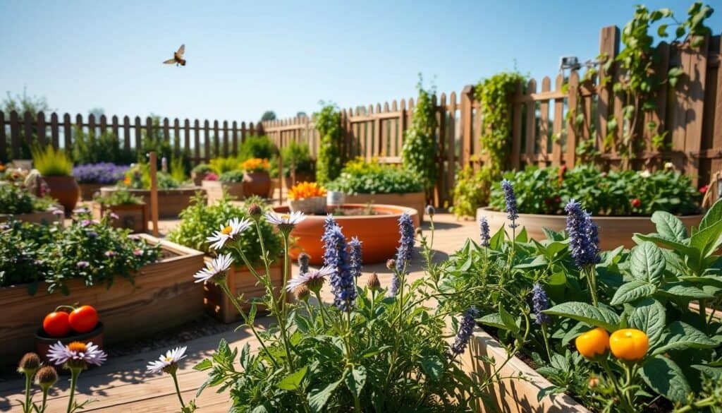 A charming home vegetable garden designed for pollinator attraction, featuring raised beds overflowing with vibrant vegetables like tomatoes, peppers, and leafy greens. In the foreground, delicate flowers such as asters and lavender bloom, surrounded by inviting pathways made of wooden planks. The middle ground showcases neatly organized raised beds, with rustic wooden fences giving a cozy feel. In the background, a small trellis supports climbing beans, while butterflies and bees flit about under a bright blue sky. The scene is bathed in soft, natural sunlight, creating an airy atmosphere that highlights the beauty of sustainable gardening. Capture the image from a slightly elevated angle to provide depth, emphasizing the harmonious blend of functionality and aesthetic appeal in this pollinator-friendly landscape. A charming home vegetable garden designed for pollinator attraction, featuring raised beds overflowing with vibrant vegetables like tomatoes, peppers, and leafy greens. In the foreground, delicate flowers such as asters and lavender bloom, surrounded by inviting pathways made of wooden planks. The middle ground showcases neatly organized raised beds, with rustic wooden fences giving a cozy feel. In the background, a small trellis supports climbing beans, while butterflies and bees flit about under a bright blue sky. The scene is bathed in soft, natural sunlight, creating an airy atmosphere that highlights the beauty of sustainable gardening. Capture the image from a slightly elevated angle to provide depth, emphasizing the harmonious blend of functionality and aesthetic appeal in this pollinator-friendly landscape.