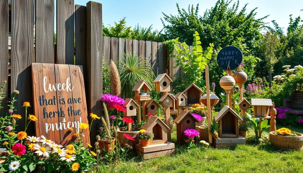 A charming outdoor setting featuring a variety of rustic garden decor items crafted from scrap wood. In the foreground, a creatively painted wooden sign with an inspirational quote is propped against a weathered wooden fence, surrounded by vibrant flowers and greenery. The middle ground showcases an assortment of handmade wooden accents such as birdhouses, garden stakes, and decorative planters, each exhibiting a unique design. In the background, a lush garden filled with blooming plants and a clear blue sky punctuated by soft sunlight creates a warm, inviting atmosphere. The scene is bathed in bright natural light, with photorealistic details enhancing the texture of the wood and the colors of the flowers, capturing the essence of DIY creativity in a serene garden setting.