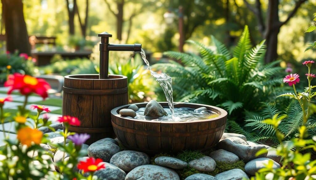 A charming rustic DIY garden fountain made from repurposed materials, featuring a wooden barrel at the base, spilling water into a collection of smooth stones and moss. In the foreground, vibrant flowers bloom around the fountain, adding pops of color. The middle ground showcases the fountain with gentle water flow, surrounded by lush greenery and ferns. In the background, a soft-focus garden scene with sunlight filtering through trees creates a warm, inviting atmosphere. The image is captured in bright natural light with soft sunlight highlighting the textures of wood and stone. A shallow depth of field emphasizes the fountain while keeping the surroundings slightly blurred, evoking a serene and peaceful garden space. A charming rustic DIY garden fountain made from repurposed materials, featuring a wooden barrel at the base, spilling water into a collection of smooth stones and moss. In the foreground, vibrant flowers bloom around the fountain, adding pops of color. The middle ground showcases the fountain with gentle water flow, surrounded by lush greenery and ferns. In the background, a soft-focus garden scene with sunlight filtering through trees creates a warm, inviting atmosphere. The image is captured in bright natural light with soft sunlight highlighting the textures of wood and stone. A shallow depth of field emphasizes the fountain while keeping the surroundings slightly blurred, evoking a serene and peaceful garden space.