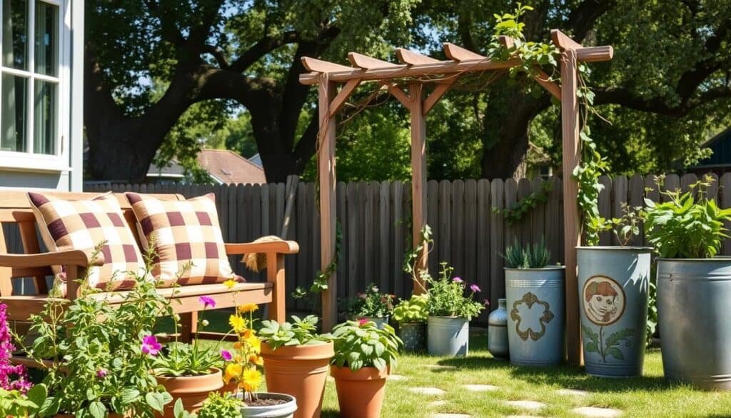 A charming rustic yard decorated with farmhouse elements, featuring a wooden bench adorned with cozy, plaid cushions in soft tones. In the foreground, potted herbs and vibrant flowers spill over aged terracotta pots, inviting warmth. The middle ground showcases a weathered wooden trellis entwined with climbing vines, alongside decorative galvanized metal planters. In the background, mature trees provide a lush canopy, with dappled sunlight filtering through leaves, creating a relaxed and welcoming atmosphere. The scene is captured in bright, natural light, highlighting the textures of the wood and plants, with a shallow depth of field to focus on the decor elements. The mood feels serene and inviting, perfect for enhancing an outdoor sanctuary on a budget. A charming rustic yard decorated with farmhouse elements, featuring a wooden bench adorned with cozy, plaid cushions in soft tones. In the foreground, potted herbs and vibrant flowers spill over aged terracotta pots, inviting warmth. The middle ground showcases a weathered wooden trellis entwined with climbing vines, alongside decorative galvanized metal planters. In the background, mature trees provide a lush canopy, with dappled sunlight filtering through leaves, creating a relaxed and welcoming atmosphere. The scene is captured in bright, natural light, highlighting the textures of the wood and plants, with a shallow depth of field to focus on the decor elements. The mood feels serene and inviting, perfect for enhancing an outdoor sanctuary on a budget.