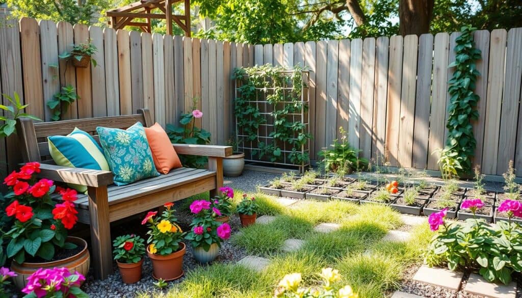 A charming small garden design featuring a cozy seating area, surrounded by vibrant seasonal flowers and lush greenery. In the foreground, a rustic wooden bench adorned with colorful throw pillows invites relaxation. Scattered pots of blooming petunias and geraniums add pops of color. The middle ground showcases a compact vegetable patch with neatly arranged rows of tomatoes and herbs, while a small trellis covered in climbing vines adds vertical interest. In the background, a wooden fence provides a gentle backdrop, with soft sunlight filtering through tree leaves, creating a warm, inviting atmosphere. The scene is captured with a wide-angle lens, emphasizing depth and enhancing the light, airy feel of the space.