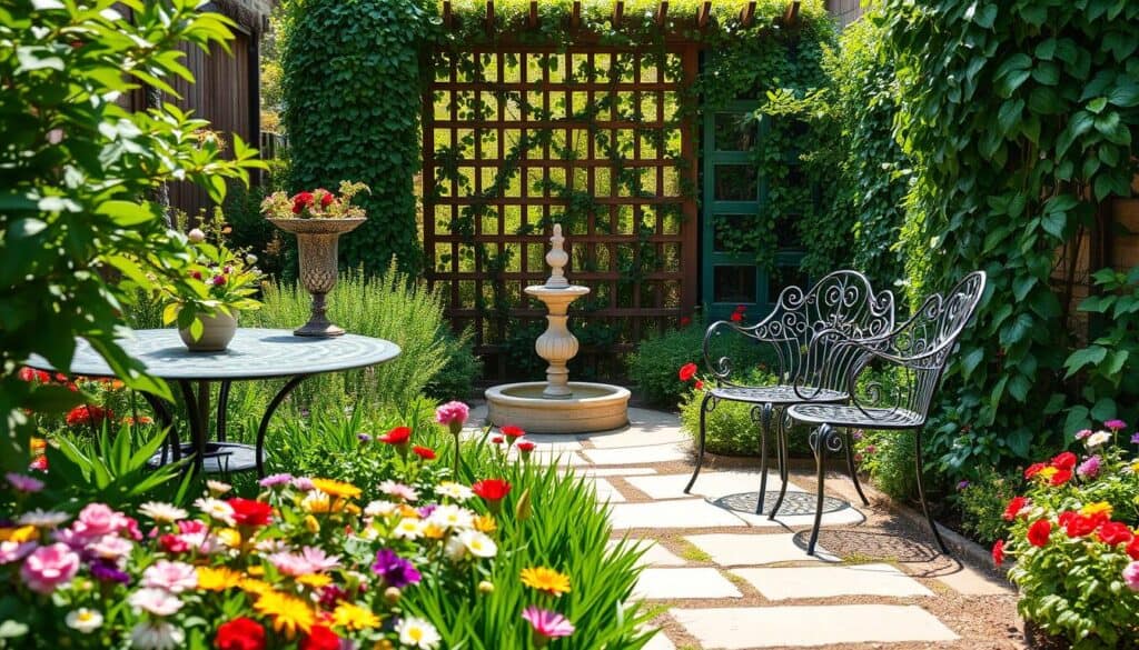 A charming small garden design featuring a well-arranged mix of colorful flowers and lush greenery in the foreground, with vintage garden furniture, such as a wrought-iron table and chairs, strategically placed for inviting relaxation. In the middle ground, a neatly trimmed pathway made of natural stone leads to an ornamental water feature, adding a serene touch. The background showcases a wooden trellis draped with climbing vines, creating depth and visual interest. Soft, bright natural light filters through the leaves, casting gentle shadows that enhance the details of the plants. The overall atmosphere is tranquil and lush, evoking a sense of elegance and sophistication, perfect for maximizing impact within a limited space. A charming small garden design featuring a well-arranged mix of colorful flowers and lush greenery in the foreground, with vintage garden furniture, such as a wrought-iron table and chairs, strategically placed for inviting relaxation. In the middle ground, a neatly trimmed pathway made of natural stone leads to an ornamental water feature, adding a serene touch. The background showcases a wooden trellis draped with climbing vines, creating depth and visual interest. Soft, bright natural light filters through the leaves, casting gentle shadows that enhance the details of the plants. The overall atmosphere is tranquil and lush, evoking a sense of elegance and sophistication, perfect for maximizing impact within a limited space.