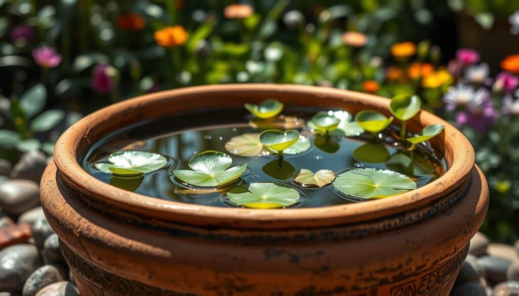 A charming small pond nestled within a rustic terracotta pot, showcasing delicate aquatic plants gently swaying in the water. In the foreground, vibrant green lily pads float atop the serene surface, while tiny water droplets glisten in the soft sunlight. The middle ground features smooth polished pebbles surrounding the pot, creating a naturalistic base. In the background, lush greenery and colorful flowers provide a calming garden atmosphere, subtly blurred to emphasize the pond in the pot. The scene is illuminated by bright natural light, casting soft shadows and a warm glow, enhancing the inviting mood of this creative container water feature idea. The angle captures the pond from slightly above, offering a comprehensive view of the tranquil scene. A charming small pond nestled within a rustic terracotta pot, showcasing delicate aquatic plants gently swaying in the water. In the foreground, vibrant green lily pads float atop the serene surface, while tiny water droplets glisten in the soft sunlight. The middle ground features smooth polished pebbles surrounding the pot, creating a naturalistic base. In the background, lush greenery and colorful flowers provide a calming garden atmosphere, subtly blurred to emphasize the pond in the pot. The scene is illuminated by bright natural light, casting soft shadows and a warm glow, enhancing the inviting mood of this creative container water feature idea. The angle captures the pond from slightly above, offering a comprehensive view of the tranquil scene.