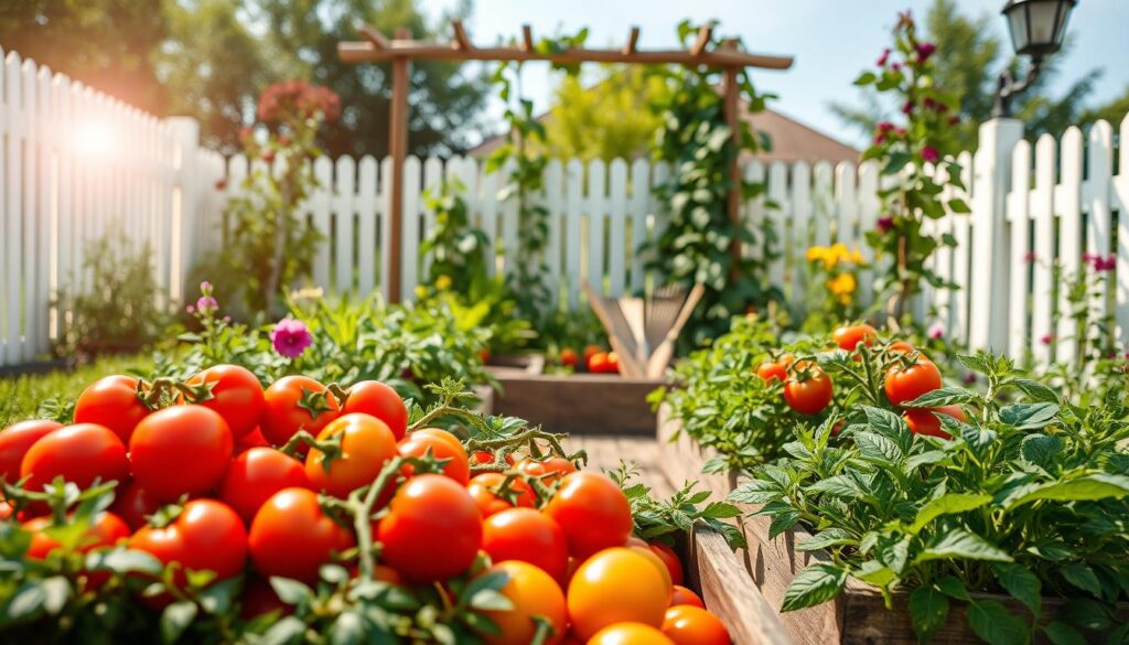 A charming small vegetable garden scene designed for home gardening enthusiasts. In the foreground, vibrant raised beds filled with lush tomatoes and peppers, showcasing their rich colors and healthy foliage. Lush greenery surrounds the beds, with a mix of herbs and flowers adding pops of color. In the middle ground, a rustic wooden trellis supports climbing plants, while gardening tools are casually placed nearby. The background features a sunlit backyard, framed by a white picket fence and a clear blue sky, radiating warmth and tranquility. The soft sunlight creates a gentle glow over the entire scene, enhancing the vivid colors and inviting atmosphere of a productive garden. The composition is captured from a slightly elevated angle to provide a broad view of the garden design.