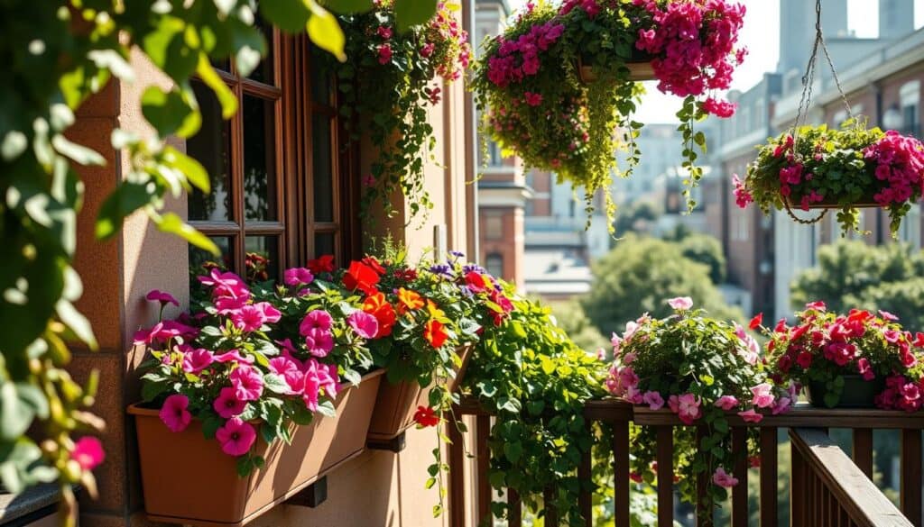 A charming urban exterior featuring vibrant window boxes filled with a variety of colorful container plants, including geraniums, petunias, and trailing ivy. The window boxes are artfully arranged along a cozy apartment balcony, enhancing the curb appeal of the building. In the foreground, delicate sunlight filters through the leaves, casting soft shadows. The middle ground features a rustic wooden railing adorned with hanging baskets overflowing with flowering plants, creating a lush, inviting atmosphere. The background showcases a picturesque cityscape with soft blurred buildings, emphasizing the quaint residential feel. The scene is bathed in bright, natural light, evoking a warm and welcoming ambiance perfect for small space gardening. A charming urban exterior featuring vibrant window boxes filled with a variety of colorful container plants, including geraniums, petunias, and trailing ivy. The window boxes are artfully arranged along a cozy apartment balcony, enhancing the curb appeal of the building. In the foreground, delicate sunlight filters through the leaves, casting soft shadows. The middle ground features a rustic wooden railing adorned with hanging baskets overflowing with flowering plants, creating a lush, inviting atmosphere. The background showcases a picturesque cityscape with soft blurred buildings, emphasizing the quaint residential feel. The scene is bathed in bright, natural light, evoking a warm and welcoming ambiance perfect for small space gardening.