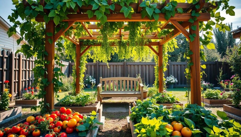 A charming vegetable garden featuring a rustic wooden pergola draped with vibrant green climbing plants. In the foreground, neatly arranged raised garden beds filled with colorful vegetables like tomatoes, peppers, and lettuce. The middle layer showcases the pergola covered with lush vines, under which a small wooden bench offers a cozy spot for gardeners to relax. In the background, soft sunlight filters through the leaves, creating a warm, inviting atmosphere. The scene is set in a well-maintained backyard, with blooming flowers and a clear blue sky adding to the serene ambiance. The image captures a harmonious connection between nature and gardening, emphasizing the beauty of incorporating trellises and pergolas into a vegetable garden. A charming vegetable garden featuring a rustic wooden pergola draped with vibrant green climbing plants. In the foreground, neatly arranged raised garden beds filled with colorful vegetables like tomatoes, peppers, and lettuce. The middle layer showcases the pergola covered with lush vines, under which a small wooden bench offers a cozy spot for gardeners to relax. In the background, soft sunlight filters through the leaves, creating a warm, inviting atmosphere. The scene is set in a well-maintained backyard, with blooming flowers and a clear blue sky adding to the serene ambiance. The image captures a harmonious connection between nature and gardening, emphasizing the beauty of incorporating trellises and pergolas into a vegetable garden.
