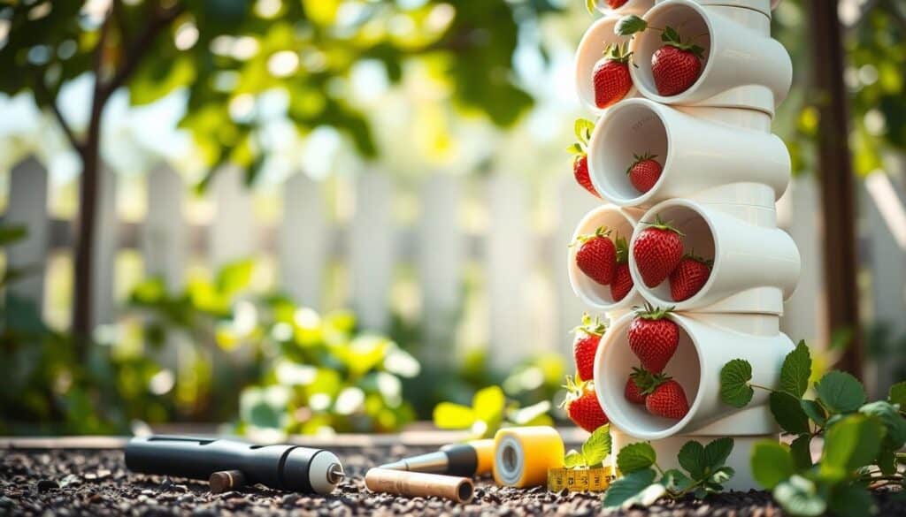 A close-up image of a DIY PVC pipe planter designed for growing strawberries. The scene shows a tower made of stacked, white PVC pipes with curved openings, rich green strawberry plants emerging from each slot. The foreground focuses on the textural details of the smooth pipes and the vibrant foliage, highlighting the strawberry flowers in bloom. In the middle ground, additional tools like a small saw, drill, and tape measure are casually arranged, indicating the materials needed for the project. The background features a softly blurred garden setting with dappled sunlight filtering through leaves, creating an inviting and cheerful atmosphere. The lighting is bright and natural, enhancing the colors of the plants and tools, evoking a sense of creativity and DIY enthusiasm. A close-up image of a DIY PVC pipe planter designed for growing strawberries. The scene shows a tower made of stacked, white PVC pipes with curved openings, rich green strawberry plants emerging from each slot. The foreground focuses on the textural details of the smooth pipes and the vibrant foliage, highlighting the strawberry flowers in bloom. In the middle ground, additional tools like a small saw, drill, and tape measure are casually arranged, indicating the materials needed for the project. The background features a softly blurred garden setting with dappled sunlight filtering through leaves, creating an inviting and cheerful atmosphere. The lighting is bright and natural, enhancing the colors of the plants and tools, evoking a sense of creativity and DIY enthusiasm.