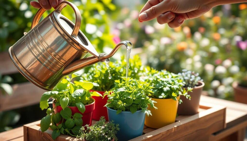 A close-up image of a vibrant herb container garden featuring a variety of lush, green herbs like basil, parsley, and thyme. In the foreground, a hand holds a beautiful, rustic watering can, delicately pouring water over the herbs, creating gentle droplets reflecting soft sunlight. The middle ground showcases the colorful pots arranged on a wooden patio table with intricate woodworking details, enhancing the natural feel. In the background, a bright and airy garden with leafy plants and flowers is visible, blurring slightly to emphasize the focus on the herbs and the watering process. The scene is illuminated with bright, natural light that casts a warm, inviting glow, evoking a serene and nurturing atmosphere for new gardeners. A close-up image of a vibrant herb container garden featuring a variety of lush, green herbs like basil, parsley, and thyme. In the foreground, a hand holds a beautiful, rustic watering can, delicately pouring water over the herbs, creating gentle droplets reflecting soft sunlight. The middle ground showcases the colorful pots arranged on a wooden patio table with intricate woodworking details, enhancing the natural feel. In the background, a bright and airy garden with leafy plants and flowers is visible, blurring slightly to emphasize the focus on the herbs and the watering process. The scene is illuminated with bright, natural light that casts a warm, inviting glow, evoking a serene and nurturing atmosphere for new gardeners.