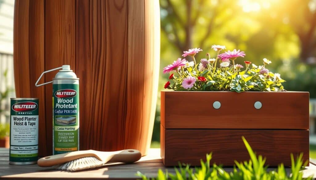 A close-up of a beautifully crafted cedar planter, showcasing its rich grain and texture. In the foreground, include essential maintenance tools like a can of wood protectant, a brush, and a pair of gardening gloves. The middle layer features a well-maintained planter filled with vibrant flowers and fresh soil, emphasizing care. In the background, a sunny garden scene with soft sunlight filtering through trees creates a warm, inviting atmosphere. Capture the image from a slightly elevated angle to highlight the planter’s details, with bright natural light illuminating the scene to enhance the wood's natural beauty. The overall mood should be peaceful and inspiring, encouraging viewers to maintain their own cedar planters for long-lasting enjoyment.