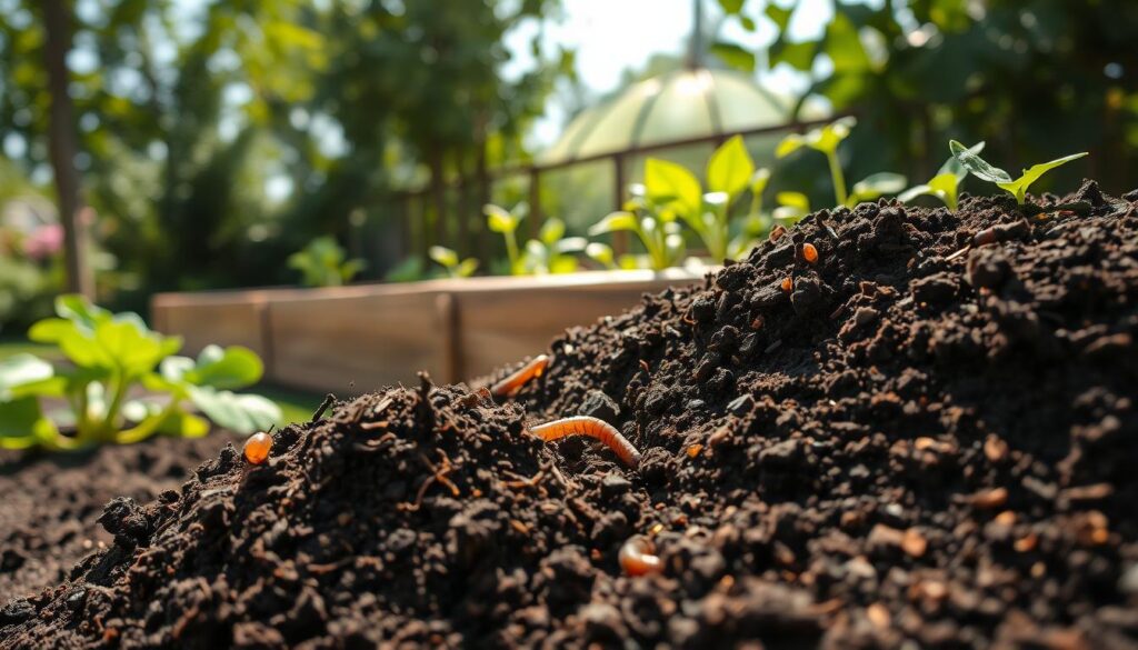 A close-up of a nutrient-rich soil mix ideal for a vegetable garden, featuring layers of dark, loose soil blended with organic matter like compost, aged manure, and vermiculite. The foreground shows a handful of the soil, highlighting its texture and moisture content, with small bits of visible nutrients and earthworms for added detail. In the middle ground, display a rustic wooden raised bed frame filled with the soil mix, surrounded by green vegetable seedlings just beginning to sprout. The background consists of a sunlit garden, with soft natural lighting filtering through leaves, creating an airy and inviting atmosphere. The scene conveys a sense of vitality and growth, emphasizing the importance of quality soil in plant production. A close-up of a nutrient-rich soil mix ideal for a vegetable garden, featuring layers of dark, loose soil blended with organic matter like compost, aged manure, and vermiculite. The foreground shows a handful of the soil, highlighting its texture and moisture content, with small bits of visible nutrients and earthworms for added detail. In the middle ground, display a rustic wooden raised bed frame filled with the soil mix, surrounded by green vegetable seedlings just beginning to sprout. The background consists of a sunlit garden, with soft natural lighting filtering through leaves, creating an airy and inviting atmosphere. The scene conveys a sense of vitality and growth, emphasizing the importance of quality soil in plant production.