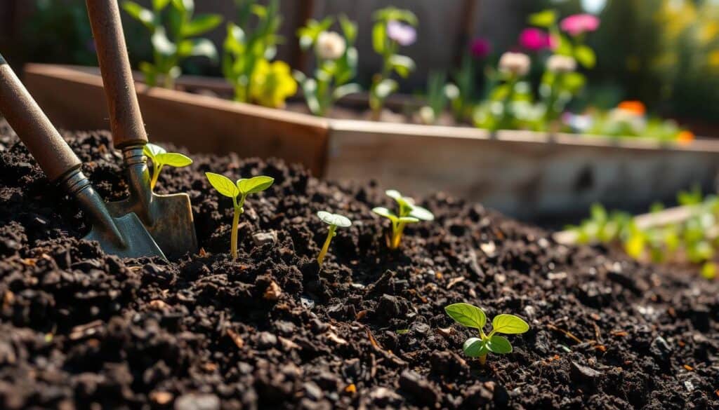 A close-up of a rich, organic gardening soil mix, showcasing its diverse components like dark, crumbly peat, vibrant compost, and textured coconut coir. In the foreground, include small shovels and planting tools partially buried in the soil. The middle ground features healthy seedlings poking through the soil, symbolizing growth and vitality. In the background, a well-maintained raised garden bed filled with thriving vegetables and flowers, bathed in soft, bright natural sunlight. The atmosphere is lively and nurturing, evoking a sense of connection to nature and sustainability. Use a shallow depth of field to keep the focus on the soil mix while blurring the background slightly, creating a serene and inviting scene.