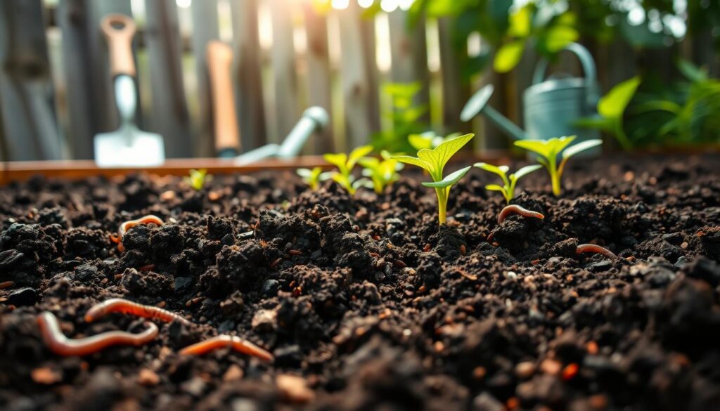 A close-up of rich, organic garden soil in a raised bed, showcasing its dark, crumbly texture with flecks of vermiculite and compost. The foreground features vibrant earthworms and small soil microbes, emphasizing its healthiness. In the middle ground, a layer of fresh green plant seedlings breaks through the soil, indicating growth potential. The background includes blurred outlines of garden tools like a trowel and watering can resting against a rustic wooden fence, hinting at an active gardening environment. Soft, natural sunlight filters through leaves overhead, casting gentle shadows and creating a warm and inviting atmosphere. The image captures the essence of quality and nourishment in soil, perfect for cultivating a bountiful garden. A close-up of rich, organic garden soil in a raised bed, showcasing its dark, crumbly texture with flecks of vermiculite and compost. The foreground features vibrant earthworms and small soil microbes, emphasizing its healthiness. In the middle ground, a layer of fresh green plant seedlings breaks through the soil, indicating growth potential. The background includes blurred outlines of garden tools like a trowel and watering can resting against a rustic wooden fence, hinting at an active gardening environment. Soft, natural sunlight filters through leaves overhead, casting gentle shadows and creating a warm and inviting atmosphere. The image captures the essence of quality and nourishment in soil, perfect for cultivating a bountiful garden.