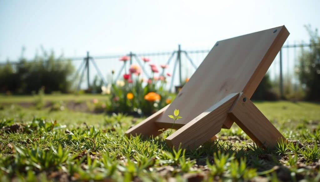 A close-up view of a DIY ergonomic garden kneeler made from two pieces of wood, showcasing smooth edges and a sturdy design. The foreground features the kneeler placed on a grassy garden area, with small plants nearby. In the middle, vibrant flowers can be seen, illustrating a well-maintained garden scene. The background consists of a bright blue sky filtered through soft sunlight, casting gentle shadows. The mood is calm and inviting, emphasizing comfort and functionality. The angle is slightly elevated to capture the kneeler’s ergonomic shape, demonstrating its knee and back support features. The overall atmosphere is peaceful and focused, highlighting the practicality of the garden kneeler without any distractions. A close-up view of a DIY ergonomic garden kneeler made from two pieces of wood, showcasing smooth edges and a sturdy design. The foreground features the kneeler placed on a grassy garden area, with small plants nearby. In the middle, vibrant flowers can be seen, illustrating a well-maintained garden scene. The background consists of a bright blue sky filtered through soft sunlight, casting gentle shadows. The mood is calm and inviting, emphasizing comfort and functionality. The angle is slightly elevated to capture the kneeler’s ergonomic shape, demonstrating its knee and back support features. The overall atmosphere is peaceful and focused, highlighting the practicality of the garden kneeler without any distractions.