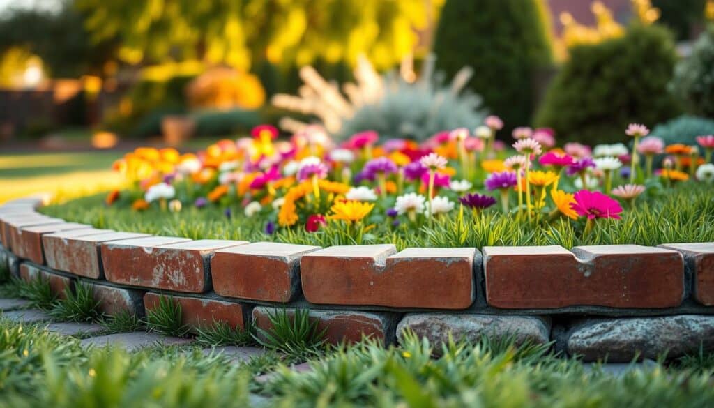 A close-up view of a beautifully arranged classic brick and stone DIY garden border, effectively keeping lush green grass at bay. In the foreground, feature intricately laid red and gray bricks, interspersed with natural stones, forming a sturdy yet decorative edge. The middle ground showcases a thriving garden bed filled with vibrant flowers in various shades, creating a colorful contrast against the earthy tones of the border. In the background, there are soft, blurred trees and shrubs basking in warm, golden sunlight, enhancing the inviting atmosphere. The overall scene is bright and airy, capturing the essence of a well-maintained garden space bathed in soft sunlight, with a focus on texture and detail. A close-up view of a beautifully arranged classic brick and stone DIY garden border, effectively keeping lush green grass at bay. In the foreground, feature intricately laid red and gray bricks, interspersed with natural stones, forming a sturdy yet decorative edge. The middle ground showcases a thriving garden bed filled with vibrant flowers in various shades, creating a colorful contrast against the earthy tones of the border. In the background, there are soft, blurred trees and shrubs basking in warm, golden sunlight, enhancing the inviting atmosphere. The overall scene is bright and airy, capturing the essence of a well-maintained garden space bathed in soft sunlight, with a focus on texture and detail.