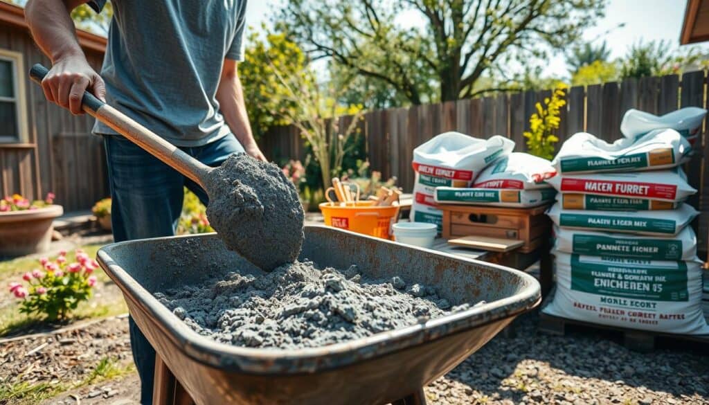 A close-up view of a beginner mixing concrete in a rustic backyard setting. In the foreground, a person wearing casual work attire, such as a t-shirt and jeans, is holding a shovel, mixing gray cement in a large, worn wheelbarrow. The middle ground features a clean, wooden workbench with measuring tools, a bucket of water, and bags of concrete mix neatly arranged, showing the process of preparation. In the background, there are blooming flowers and a sunny sky, creating a bright, airy atmosphere. Soft sunlight filters through green trees, casting gentle shadows. The scene is designed to feel inviting and educational, emphasizing the simplicity and accessibility of concrete mixing for DIY projects. A close-up view of a beginner mixing concrete in a rustic backyard setting. In the foreground, a person wearing casual work attire, such as a t-shirt and jeans, is holding a shovel, mixing gray cement in a large, worn wheelbarrow. The middle ground features a clean, wooden workbench with measuring tools, a bucket of water, and bags of concrete mix neatly arranged, showing the process of preparation. In the background, there are blooming flowers and a sunny sky, creating a bright, airy atmosphere. Soft sunlight filters through green trees, casting gentle shadows. The scene is designed to feel inviting and educational, emphasizing the simplicity and accessibility of concrete mixing for DIY projects.