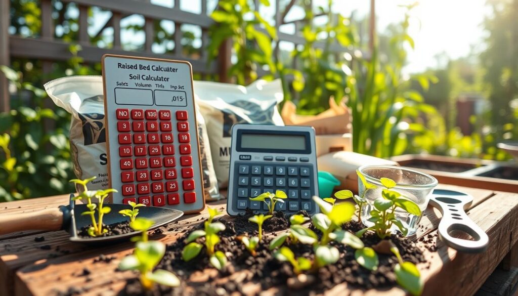 A close-up view of a raised bed soil calculator situated on a wooden gardening bench, with the calculator displaying numbers and graphs related to soil volume and ingredients. In the foreground, vibrant seedlings and gardening tools, such as a trowel and measuring cup, are artistically arranged. The middle ground features the calculator surrounded by bags of soil mix and compost, hinting at the various components needed for the ideal soil. In the background, a sunlit garden setting with lush green plants and soft sunlight filtering through leaves creates a calming atmosphere. The overall mood feels educational and productive, inviting gardeners to delve into their soil calculations. The scene is captured with a wide-angle lens, emphasizing depth and clarity in bright, natural light. A close-up view of a raised bed soil calculator situated on a wooden gardening bench, with the calculator displaying numbers and graphs related to soil volume and ingredients. In the foreground, vibrant seedlings and gardening tools, such as a trowel and measuring cup, are artistically arranged. The middle ground features the calculator surrounded by bags of soil mix and compost, hinting at the various components needed for the ideal soil. In the background, a sunlit garden setting with lush green plants and soft sunlight filtering through leaves creates a calming atmosphere. The overall mood feels educational and productive, inviting gardeners to delve into their soil calculations. The scene is captured with a wide-angle lens, emphasizing depth and clarity in bright, natural light.