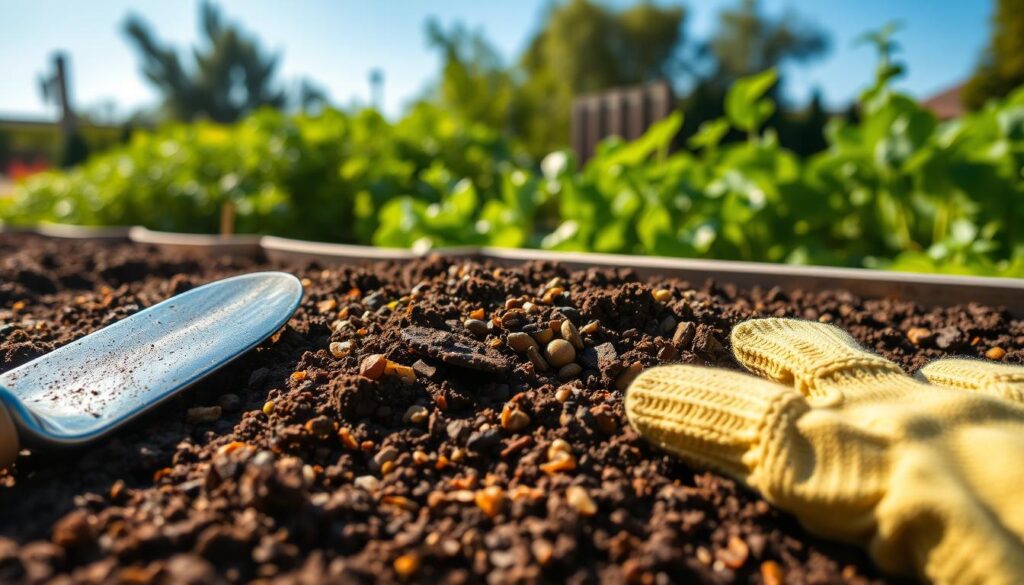 A close-up view of a raised garden bed filled with Mel’s Mix, showcasing a rich blend of dark, moist compost, vermiculite, and peat moss. In the foreground, several garden tools, like a trowel and gloves, rest beside the soil, emphasizing a hands-on gardening approach. The middle of the image features the layered textures of the soil mix, with earthy tones and varying granule sizes highlighted by warm, bright natural light. In the background, a lush green vegetable garden thrives, softly blurred to draw focus to the soil mix. The scene is under a clear blue sky with soft sunlight filtering through, creating an inviting and uplifting atmosphere, perfect for beginners eager to start their gardening journey.