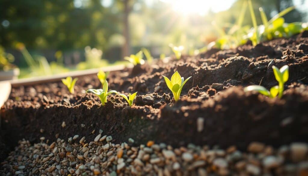 A close-up view of a raised garden bed filled with rich, dark soil showcasing proper drainage layers. In the foreground, prominently display the various layers: gravel at the bottom for drainage, followed by a mix of compost and topsoil. The middle ground features vibrant green seedlings poking through the soil, indicating healthy growth. In the background, gently blurred, a sunny garden scene with soft sunlight filtering through trees creates an airy, inviting atmosphere. The image is brightly lit to emphasize the textures of the soil and the greenery, captured with a shallow depth of field to draw focus on the layered structure. The overall mood is fresh and nurturing, reflecting the importance of proper drainage for successful above-ground gardening.