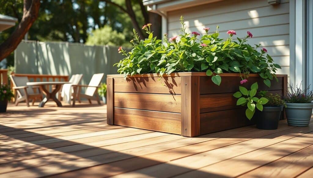 A close-up view of a raised garden bed overflowing with lush green plants, positioned elegantly over a wooden deck. The garden bed features a rich, dark wood finish with a well-crafted design showing attention to detail. Some planters or pots are arranged alongside the bed, showcasing vibrant flowers. The deck is illuminated by bright, soft natural sunlight filtering through nearby trees, casting gentle shadows that enhance the scene's depth. In the background, a patio is visible with muted colors and simple furniture, conveying a serene outdoor atmosphere. The overall composition emphasizes the harmony between gardening and outdoor living, illustrating the importance of protecting the deck from potential water damage through thoughtful design. A close-up view of a raised garden bed overflowing with lush green plants, positioned elegantly over a wooden deck. The garden bed features a rich, dark wood finish with a well-crafted design showing attention to detail. Some planters or pots are arranged alongside the bed, showcasing vibrant flowers. The deck is illuminated by bright, soft natural sunlight filtering through nearby trees, casting gentle shadows that enhance the scene's depth. In the background, a patio is visible with muted colors and simple furniture, conveying a serene outdoor atmosphere. The overall composition emphasizes the harmony between gardening and outdoor living, illustrating the importance of protecting the deck from potential water damage through thoughtful design.