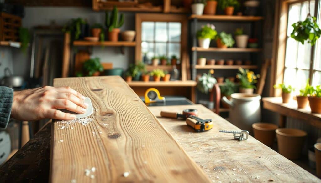 A close-up view of a rustic workshop scene focused on two reclaimed wooden boards being prepared for a ladder-style vertical planter construction. The boards show natural grain and imperfections, emphasizing their weathered charm. In the foreground, a hand is sanding one of the boards meticulously, with wood shavings scattered around. The middle layer features tools such as a saw, measuring tape, and clamps resting on a sturdy workbench, bathed in bright, soft sunlight filtering through a nearby window. The background is softly blurred, revealing shelves filled with gardening supplies and potted plants, creating an inviting atmosphere. The scene exudes a mood of creativity and craftsmanship, showcasing the beauty of repurposing materials in a home décor project.