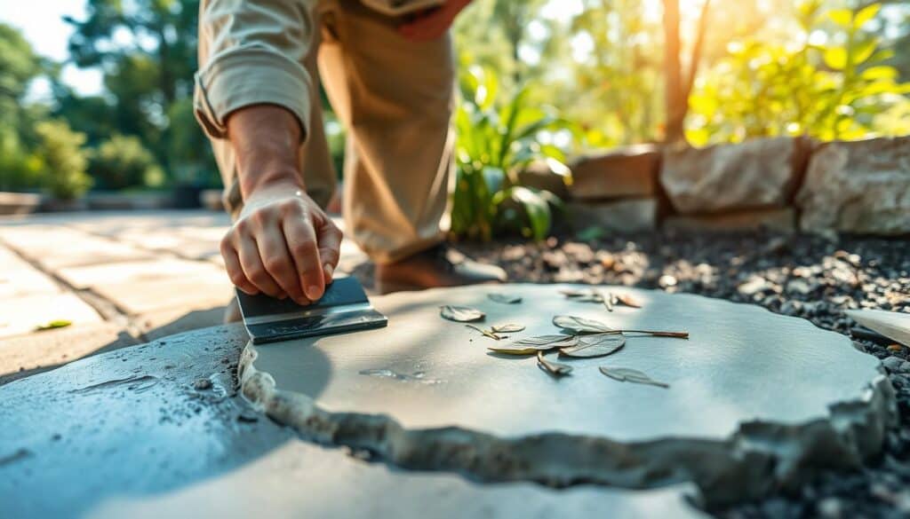 A close-up view of a skilled artisan smoothing wet concrete for decorative garden stepping stones. In the foreground, the artisan, dressed in modest casual clothing, concentrates on using a trowel to create a smooth surface texture on the fresh concrete. The middle ground features a partially completed stepping stone, adorned with pressed leaves and flower patterns for decorative finishing. In the background, a serene garden setting is visible under soft, bright sunlight, enhancing the natural texture of the concrete and surrounding greenery. The atmosphere is calm and focused, capturing the essence of DIY craftsmanship in a well-lit, airy environment. A close-up view of a skilled artisan smoothing wet concrete for decorative garden stepping stones. In the foreground, the artisan, dressed in modest casual clothing, concentrates on using a trowel to create a smooth surface texture on the fresh concrete. The middle ground features a partially completed stepping stone, adorned with pressed leaves and flower patterns for decorative finishing. In the background, a serene garden setting is visible under soft, bright sunlight, enhancing the natural texture of the concrete and surrounding greenery. The atmosphere is calm and focused, capturing the essence of DIY craftsmanship in a well-lit, airy environment.