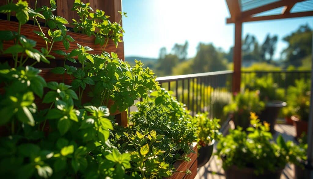 A close-up view of a vertical garden thriving with various herbs, showcasing optimal sunlight placement. In the foreground, vibrant green basil and parsley are arranged in a tiered wooden planter, catching the soft golden rays of sunlight. The middle ground features plants basking under gentle light, with shadows cast artistically, emphasizing their lush textures. In the background, the scene opens up to a sunlit balcony filled with greenery, with a clear blue sky and distant trees providing a serene natural setting. The atmosphere is warm and inviting, evoking the joy of gardening. The image should focus on bright natural light highlighting the plants, with a soft bokeh effect in the background for added depth.