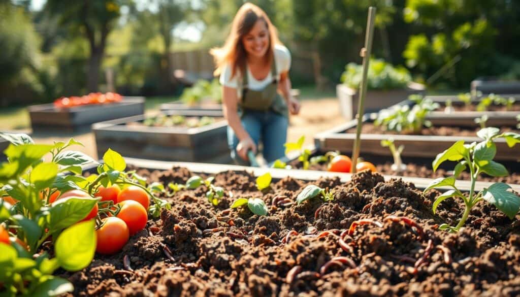 A close-up view of a vibrant raised bed garden showcasing healthy, rich soil full of organic matter and earthworms, reflecting good soil health. In the foreground, an assortment of colorful vegetables like tomatoes, peppers, and leafy greens are thriving, with signs of healthy growth. The middle ground features a gardener, dressed in modest casual clothing, joyfully inspecting the soil with a hand trowel, emphasizing the importance of soil care. In the background, there are raised beds neatly arranged in a sunny backyard, with soft sunlight filtering through trees, creating a warm and inviting atmosphere. The scene is bright and airy, giving a sense of freshness and vitality in the garden, encouraging beginners to appreciate and understand soil health in gardening.