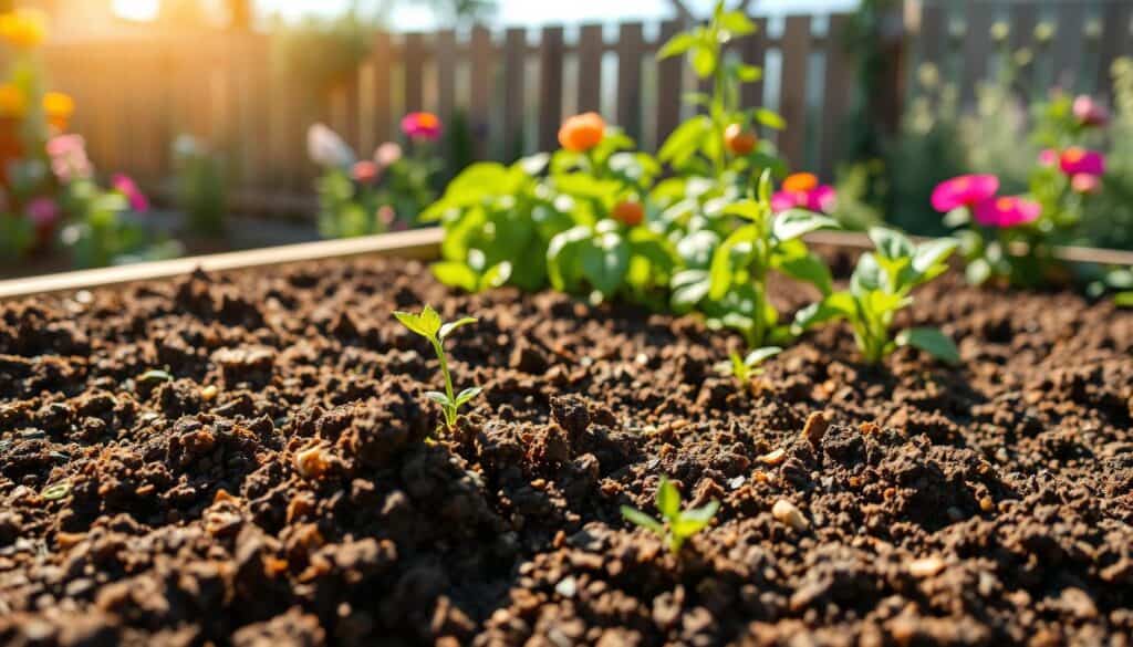 A close-up view of a vibrant raised bed garden showcasing the optimal soil mix for healthy plant growth. In the foreground, a richly textured soil mixture comprised of dark, crumbly compost, light brown peat, and granules of perlite, with tiny seedlings sprouting visibly. The middle ground features lush green vegetable plants, like tomatoes and peppers, thriving in the soil. The background displays a sunny garden environment, surrounded by colorful flowering plants and a wooden fence. The scene is illuminated by soft, warm sunlight, creating a bright and inviting atmosphere. Capture this from a slightly elevated angle to emphasize the soil and plant details, enhancing the focus on the soil mix's productivity. A close-up view of a vibrant raised bed garden showcasing the optimal soil mix for healthy plant growth. In the foreground, a richly textured soil mixture comprised of dark, crumbly compost, light brown peat, and granules of perlite, with tiny seedlings sprouting visibly. The middle ground features lush green vegetable plants, like tomatoes and peppers, thriving in the soil. The background displays a sunny garden environment, surrounded by colorful flowering plants and a wooden fence. The scene is illuminated by soft, warm sunlight, creating a bright and inviting atmosphere. Capture this from a slightly elevated angle to emphasize the soil and plant details, enhancing the focus on the soil mix's productivity.