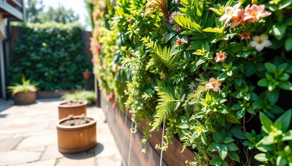 A close-up view of a vibrant vertical garden wall showcasing various plants, including ferns, succulents, and flowering vines, meticulously arranged in a waterproofed structure. In the foreground, showcase a detailed irrigation system with small, evenly spaced drip emitters and a subtle drainage solution allowing excess water to flow out. The middle section highlights the lush greenery thriving in bright natural light, with soft sunlight filtering through, creating soft shadows. The background features a small patio with stone flooring, adorned with rustic wooden planters. The overall mood conveys a sense of tranquility and harmony with nature, ideal for a small outdoor space. Use a slightly elevated angle to capture the layered depth of the plants and the clever integration of the irrigation system.