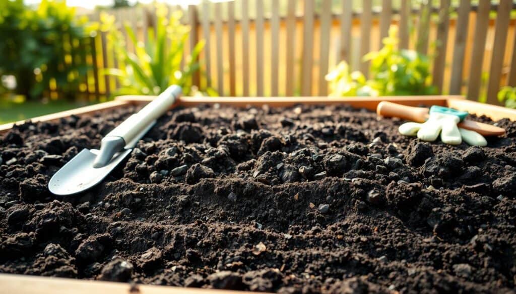 A close-up view of a well-prepared raised garden bed filled with rich, dark soil, showcasing a carefully layered soil recipe. The foreground features distinct layers of materials: compost, organic matter, and soil, each texturally different, illustrating how to avoid common mistakes in filling garden boxes. In the middle ground, a trowel and gardening gloves rest beside the bed, subtly emphasizing the gardening theme. In the background, soft greenery and a wooden fence provide a calm, natural setting under bright sunlight, creating an inviting atmosphere. The image is well-lit with soft sunlight filtering through, capturing the details with a shallow depth of field, focusing on the soil layers while gently blurring the background for a serene feel.