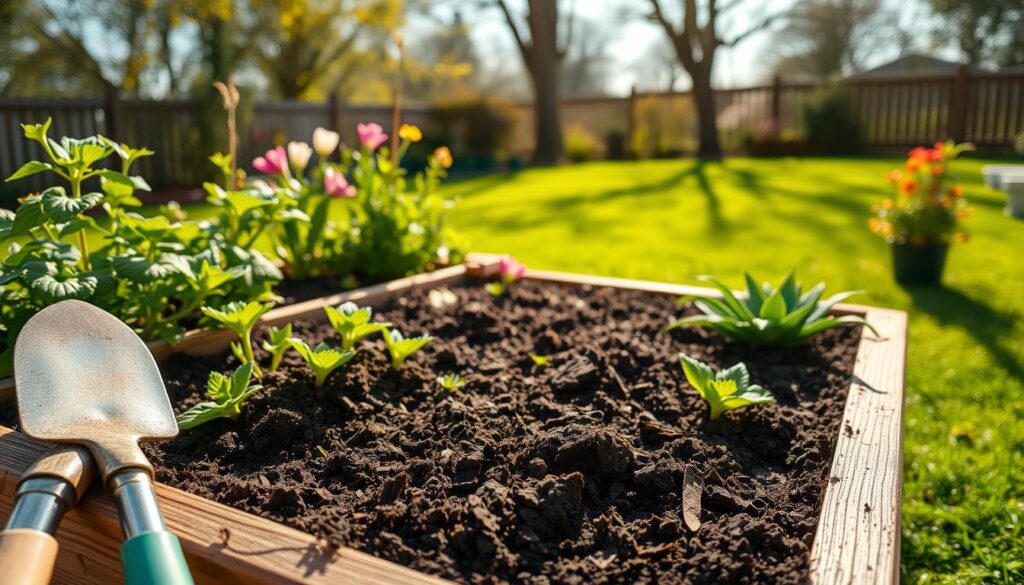 A close-up view of a wooden raised garden bed filled with rich, dark soil, vibrant green plants, and colorful flowers, focusing on the texture of the soil and the healthy foliage. In the foreground, gardening tools such as a trowel and gloves are neatly arranged beside the bed, adding a personal touch. The middle ground showcases the raised bed well-structured, with natural wood grain visible, surrounded by a few neatly placed potted plants. In the background, a sunny backyard scene with lush grass and trees filtering warm sunlight creates a cheerful atmosphere. The lighting is bright and soft, emphasizing the fresh and inviting mood of a spring day, captured from a slightly elevated angle to highlight the garden's depth and details.