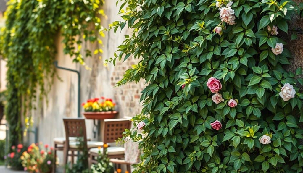 A close-up view of lush evergreen climbing plants covering a rustic garden wall, showcasing vibrant green leaves and densely packed foliage for year-round privacy. In the foreground, a variety of climbing plants like ivy, wisteria, and climbing roses intertwine harmoniously, with branches reaching toward the sky. The middle section reveals the textured surface of the weathered wall behind, partially obscured by the verdant growth. Soft, natural sunlight filters through the leaves, creating dappled shadows that enhance the peaceful atmosphere. The background features a blurred, serene garden setting with colorful flowers and wooden furniture, adding depth and tranquility to the composition. The overall mood is inviting and refreshing, perfect for illustrating the beauty of evergreen climbers.