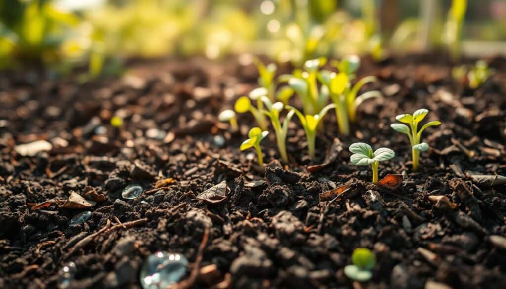 A close-up view of organic garden soil, rich and dark, layered with a mix of compost, aged leaves, and earthy textures. The foreground features glistening moisture droplets on the soil, showcasing its nutrient-rich composition. In the middle ground, include a variety of healthy, vibrant plants sprouting from the soil, emphasizing the fertility and texture of the mix. The background is a softly blurred garden setting with greenery and soft sunlight filtering through, creating a warm, inviting atmosphere. Use natural lighting to enhance the details in the soil, focusing on the earthy tones and textures. The image should evoke a sense of nurturing and growth, ideal for showcasing optimal soil structure. A close-up view of organic garden soil, rich and dark, layered with a mix of compost, aged leaves, and earthy textures. The foreground features glistening moisture droplets on the soil, showcasing its nutrient-rich composition. In the middle ground, include a variety of healthy, vibrant plants sprouting from the soil, emphasizing the fertility and texture of the mix. The background is a softly blurred garden setting with greenery and soft sunlight filtering through, creating a warm, inviting atmosphere. Use natural lighting to enhance the details in the soil, focusing on the earthy tones and textures. The image should evoke a sense of nurturing and growth, ideal for showcasing optimal soil structure.
