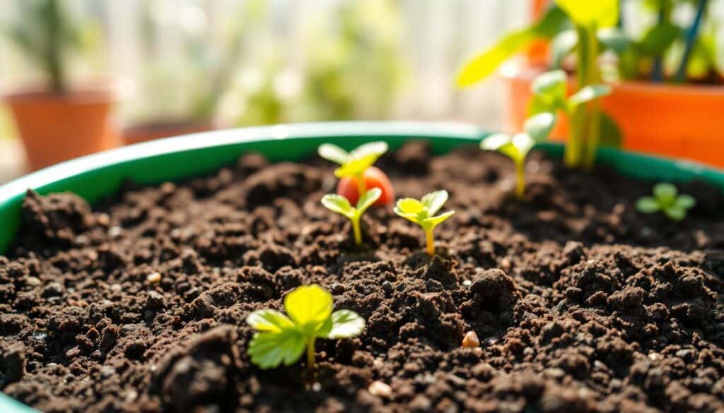 A close-up view of rich, dark potting soil in a colorful, semi-transparent container specifically designed for growing strawberries. The foreground features the velvety texture of moist soil, dotted with small, nutrient granules. In the middle ground, small seedlings of strawberry plants peek through the soil, displaying vibrant green leaves, showcasing the mix of potting soil and fertilizer. The background offers a blurred outdoor garden setting, bathed in bright natural light with soft sunlight filtering through, creating an airy, well-lit atmosphere. The scene conveys a sense of freshness and vitality, ideal for a gardening enthusiast looking to enhance their strawberry tower planter project. High-resolution, captured with a macro lens to emphasize detail and texture. A close-up view of rich, dark potting soil in a colorful, semi-transparent container specifically designed for growing strawberries. The foreground features the velvety texture of moist soil, dotted with small, nutrient granules. In the middle ground, small seedlings of strawberry plants peek through the soil, displaying vibrant green leaves, showcasing the mix of potting soil and fertilizer. The background offers a blurred outdoor garden setting, bathed in bright natural light with soft sunlight filtering through, creating an airy, well-lit atmosphere. The scene conveys a sense of freshness and vitality, ideal for a gardening enthusiast looking to enhance their strawberry tower planter project. High-resolution, captured with a macro lens to emphasize detail and texture.