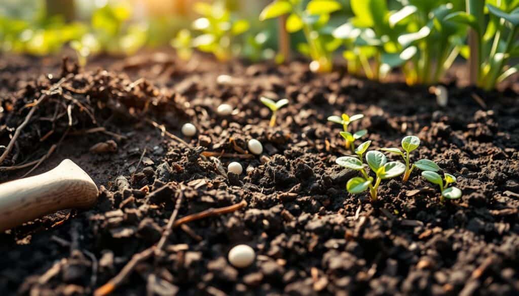 A close-up view of rich, organic gardening soil mix, showcasing a blend of dark, crumbly compost, fine peat moss, and vibrant earthworm castings, with small twigs and natural mulch integrated. In the foreground, a wooden trowel rests partially buried in the soil, with a few scattered seeds visible. The middle ground features small green seedlings beginning to sprout, representing growth and vitality. In the background, a blurred garden setting with soft sunlight filtering through the leaves of nearby plants, creating a warm, inviting atmosphere. The image should have a soft focus with gentle shadows, capturing a sense of nurturing and seasonal maintenance in a thriving garden.