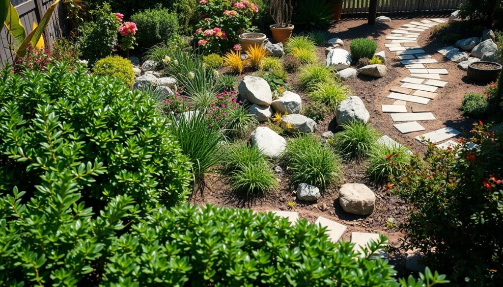 A cluttered garden scene highlighting common landscape design mistakes, showcasing an imbalance between plants and hardscaping elements. In the foreground, overgrown shrubs and mismatched pavers create an uninviting space. The middle ground features an overcrowded flower bed with various plant heights clashing aesthetically, alongside too many large rocks that don't complement the area. In the background, a disorganized pathway further emphasizes the lack of balance. The lighting is bright and natural, with soft sunlight illuminating the garden, creating a vivid yet chaotic atmosphere. The angle is slightly elevated to provide a comprehensive view of the cluttered space, highlighting the errors in design and arrangement, without any text or distractions.