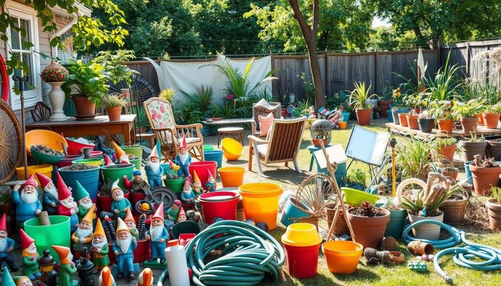 A cluttered garden scene showcasing various outdoor decor mistakes, such as mismatched furniture, overly bright colors, excessive ornaments, and tangled garden hoses. In the foreground, a disorganized arrangement of garden gnomes, colorful plastic planters, and scattered garden tools creates a chaotic atmosphere. The middle ground features poorly placed garden furniture that disrupts flow, while a chaotic selection of potted plants of varying heights contributes to the clutter. In the background, a neglected flower bed overrun with weeds and random decor pieces intensifies the disorder. The lighting is bright, with soft sunlight filtering through the trees, creating a well-lit yet chaotic atmosphere that highlights the impact of these design missteps. Capture from a slightly elevated angle to emphasize the clutter in the garden layout.