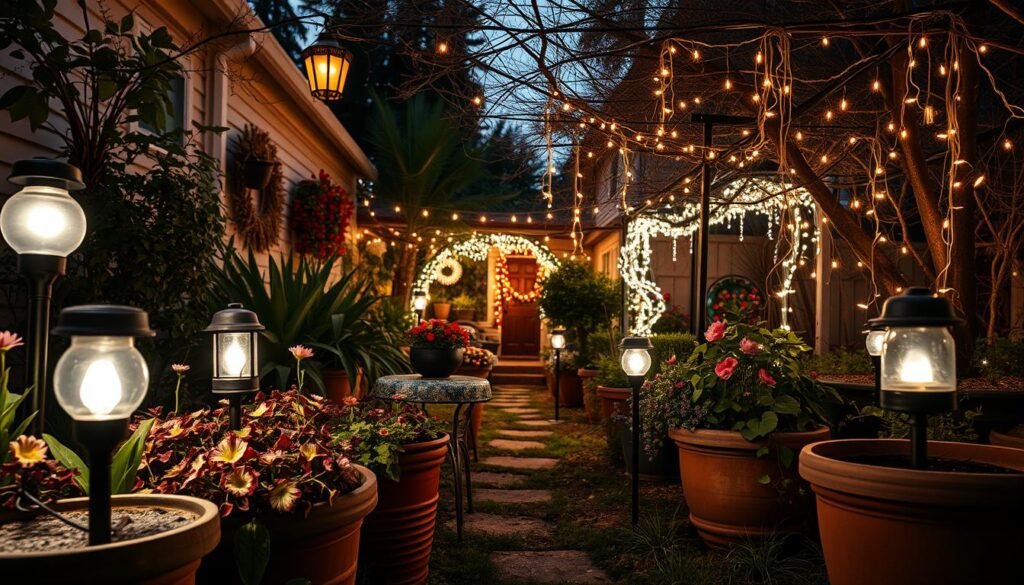 A cluttered garden scene showcasing various poor lighting choices that create visual noise. In the foreground, unevenly placed garden lights flicker with excessive brightness, casting harsh shadows over mismatched planters filled with wilted flowers. In the middle, a garden path is obscured by an awkward mix of solar lanterns and garish string lights, competing for attention. The background features a disorganized array of hanging fairy lights tangled in tree branches, creating a chaotic look. The atmosphere is a mix of confusion and clutter, with bright natural light illuminating the mishaps. Captured from eye level with a lens that highlights the disarray, the image conveys a sense of overwhelm while showcasing the importance of thoughtful outdoor decor.