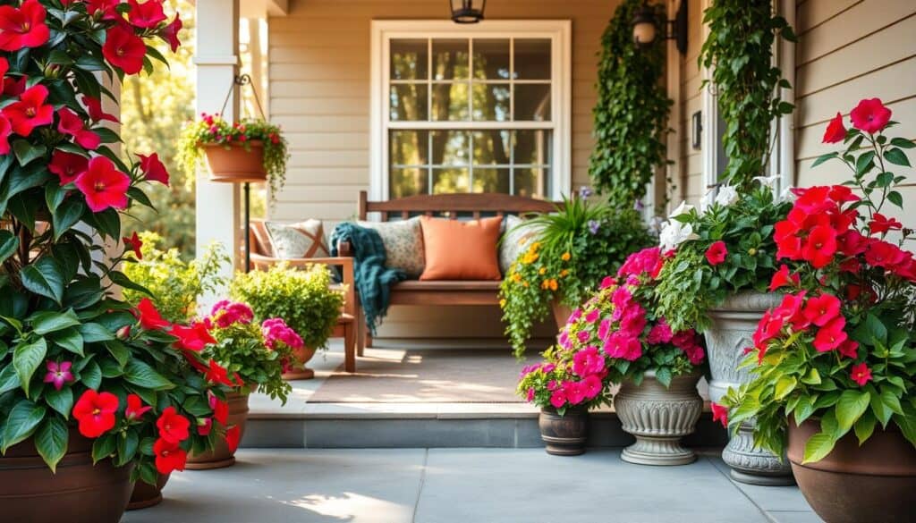 A collection of beautiful container plants arranged artistically on a charming front porch, focusing on stunning thriller, filler, and spiller combinations. In the foreground, vibrant red and purple ornamental peppers act as thrillers, surrounded by lush green filler plants like petunias and geraniums, while cascading ivy drapes elegantly over the edges of the containers, creating a spiller effect. The middle ground features a cozy wooden bench adorned with decorative cushions, while the background showcases soft, airy lighting with gentle rays of sunlight filtering through the leaves of nearby trees. The scene conveys a welcoming and cheerful atmosphere, perfect for enhancing curb appeal and inviting passersby, captured from a slightly elevated angle for an engaging perspective. A collection of beautiful container plants arranged artistically on a charming front porch, focusing on stunning thriller, filler, and spiller combinations. In the foreground, vibrant red and purple ornamental peppers act as thrillers, surrounded by lush green filler plants like petunias and geraniums, while cascading ivy drapes elegantly over the edges of the containers, creating a spiller effect. The middle ground features a cozy wooden bench adorned with decorative cushions, while the background showcases soft, airy lighting with gentle rays of sunlight filtering through the leaves of nearby trees. The scene conveys a welcoming and cheerful atmosphere, perfect for enhancing curb appeal and inviting passersby, captured from a slightly elevated angle for an engaging perspective.