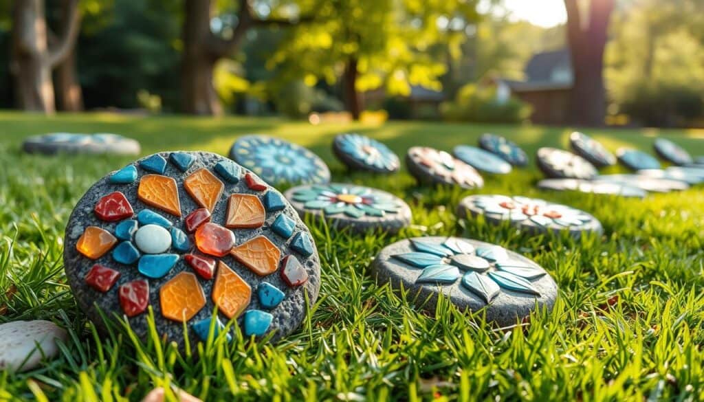 A collection of beautifully crafted mosaic stepping stones arranged on a grassy area, showcasing a variety of intricate designs featuring colorful tiles, pebbles, and glass shard accents. In the foreground, focus on a close-up of a stone adorned with vibrant blue and orange patterns, capturing the texture of the materials. In the middle ground, several more stones display different artistic motifs, like floral and geometric designs, each set against a backdrop of lush, green grass. The background features soft sunlight filtering through nearby trees, creating a warm, inviting atmosphere. Emphasize a tranquil, artistic mood, highlighting the creativity and personal touch involved in making each stone. The composition is well-lit, showcasing the details and colors vividly, inviting viewers to imagine personalizing their own garden spaces. A collection of beautifully crafted mosaic stepping stones arranged on a grassy area, showcasing a variety of intricate designs featuring colorful tiles, pebbles, and glass shard accents. In the foreground, focus on a close-up of a stone adorned with vibrant blue and orange patterns, capturing the texture of the materials. In the middle ground, several more stones display different artistic motifs, like floral and geometric designs, each set against a backdrop of lush, green grass. The background features soft sunlight filtering through nearby trees, creating a warm, inviting atmosphere. Emphasize a tranquil, artistic mood, highlighting the creativity and personal touch involved in making each stone. The composition is well-lit, showcasing the details and colors vividly, inviting viewers to imagine personalizing their own garden spaces.