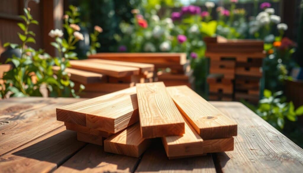 A collection of freshly cut cedar boards, showcasing their rich, reddish-brown hues and distinct, aromatic grain patterns. In the foreground, a few boards are arranged on a rustic wooden table, highlighted by airy, soft sunlight filtering in from the side, casting gentle shadows and enhancing the wood's natural texture. The middle ground features additional cedar boards stacked neatly, with varying lengths and widths to illustrate versatility. In the background, a blurred garden scene with lush greenery and blooming flowers creates a vibrant and inviting atmosphere. The overall mood is warm and earthy, emphasizing the beauty and practicality of cedar in woodworking, inviting an appreciation for its qualities in garden projects. The angle is slightly above eye level, providing a comprehensive view of the boards and their details.