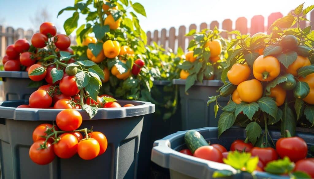 A collection of heavy-duty plastic tubs overflowing with vibrant tomatoes, peppers, and cucumbers, arranged in a sunlit garden setting. In the foreground, focus on a large, durable plastic tub filled with ripening red tomatoes next to a sturdy green tub brimming with bright yellow bell peppers. The middle ground features lush cucumber vines spilling over the edges of another tub, with droplets of morning dew glistening on the leaves. The background showcases a wooden fence and a clear blue sky, enhancing the fresh garden atmosphere. Soft, natural sunlight filters through, creating a warm and inviting mood. Capture this scene with a wide-angle lens to emphasize the abundance and vibrancy of the plants. A collection of heavy-duty plastic tubs overflowing with vibrant tomatoes, peppers, and cucumbers, arranged in a sunlit garden setting. In the foreground, focus on a large, durable plastic tub filled with ripening red tomatoes next to a sturdy green tub brimming with bright yellow bell peppers. The middle ground features lush cucumber vines spilling over the edges of another tub, with droplets of morning dew glistening on the leaves. The background showcases a wooden fence and a clear blue sky, enhancing the fresh garden atmosphere. Soft, natural sunlight filters through, creating a warm and inviting mood. Capture this scene with a wide-angle lens to emphasize the abundance and vibrancy of the plants.