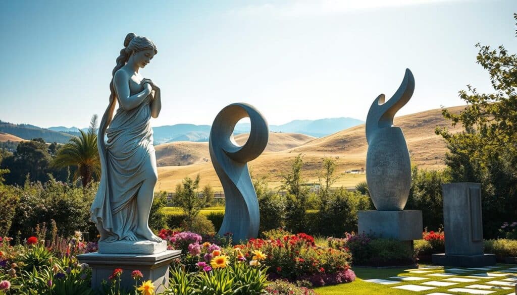A collection of high-quality outdoor sculptures made of timeless stone and concrete, set in an elegant garden scene. In the foreground, showcase a beautifully carved classical statue of a graceful figure, surrounded by lush greenery and colorful flowers. In the middle ground, display two larger-than-life abstract sculptures, smoothly blending with their natural surroundings, emphasizing their textures and details. The background features gentle rolling hills under a bright blue sky, with soft, diffused sunlight filtering through the trees, casting playful shadows on the ground. Capture the scene with a slightly elevated angle for depth, highlighting the serene atmosphere that evokes timelessness and artistry.