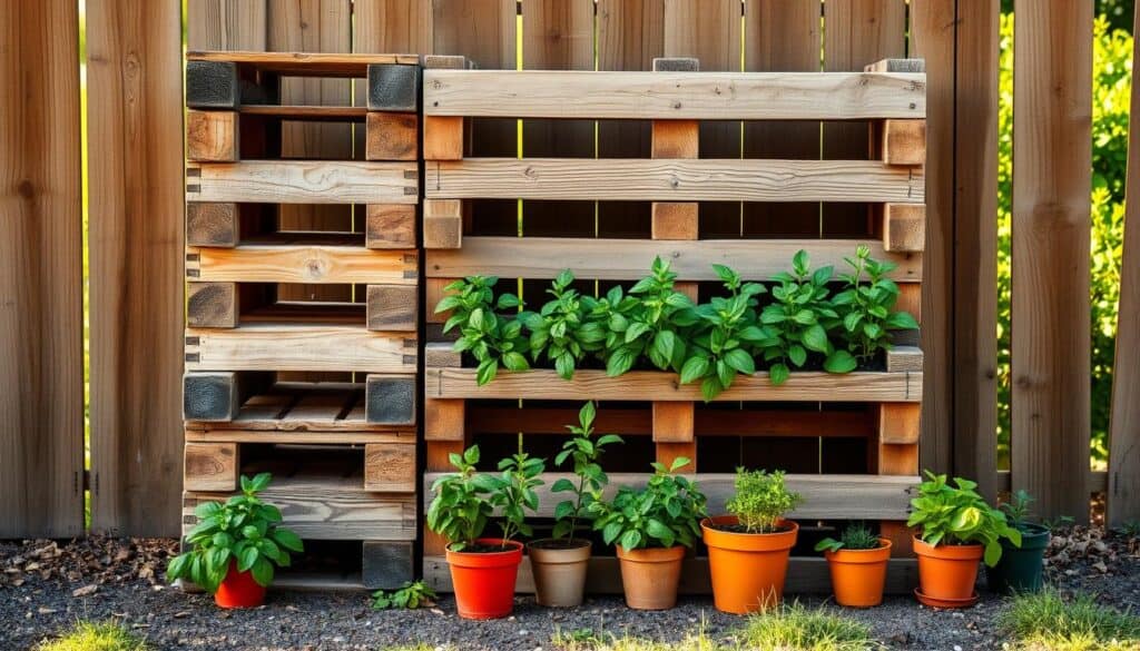 A collection of safe, meticulously prepared wood pallets stacked against a rustic wooden fence, bathed in soft, warm daylight. The scene features robust pallets showing no signs of paint or chemicals, with clearly visible natural wood grain, highlighting their suitability for gardening. In the foreground, a few herbs, such as basil and mint, are thriving in vibrant, small pots placed around the pallets, emphasizing the gardening theme. In the middle, the pallets are arranged in a practical vertical structure, showcasing their potential for a herb garden. The background is a blur of a lush green garden, enhancing the serene, inviting atmosphere. The overall mood is fresh, natural, and encouraging, perfect for gardening enthusiasts. A collection of safe, meticulously prepared wood pallets stacked against a rustic wooden fence, bathed in soft, warm daylight. The scene features robust pallets showing no signs of paint or chemicals, with clearly visible natural wood grain, highlighting their suitability for gardening. In the foreground, a few herbs, such as basil and mint, are thriving in vibrant, small pots placed around the pallets, emphasizing the gardening theme. In the middle, the pallets are arranged in a practical vertical structure, showcasing their potential for a herb garden. The background is a blur of a lush green garden, enhancing the serene, inviting atmosphere. The overall mood is fresh, natural, and encouraging, perfect for gardening enthusiasts.