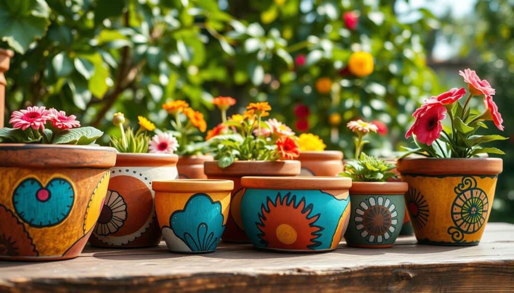 A collection of vibrant boho painted planters in various sizes, arranged artfully on a rustic wooden table. The foreground features a close-up of intricately designed pots with abstract patterns in warm colors like terracotta, turquoise, and mustard, showcasing hand-painted details and textures. In the middle ground, a slightly blurred background includes lush greenery and colorful flowers spilling out from the planters, creating a lively garden atmosphere. Soft sunlight filters through leaves, casting gentle shadows and illuminating the colors, enhancing the warmth and inviting vibe. The overall mood is cheerful and creative, perfect for inspiring design ideas in a vibrant outdoor setting. A collection of vibrant boho painted planters in various sizes, arranged artfully on a rustic wooden table. The foreground features a close-up of intricately designed pots with abstract patterns in warm colors like terracotta, turquoise, and mustard, showcasing hand-painted details and textures. In the middle ground, a slightly blurred background includes lush greenery and colorful flowers spilling out from the planters, creating a lively garden atmosphere. Soft sunlight filters through leaves, casting gentle shadows and illuminating the colors, enhancing the warmth and inviting vibe. The overall mood is cheerful and creative, perfect for inspiring design ideas in a vibrant outdoor setting.