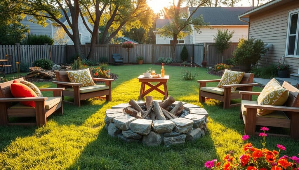A cozy DIY fire pit area in a suburban backyard, showcasing a circular stone fire pit surrounded by wooden seating and vibrant outdoor cushions. In the foreground, beautifully arranged logs and kindling are placed in the pit, ready for a fire. The middle ground features a small wooden table with snacks and drinks, inviting a social atmosphere. Lush green grass and colorful flower beds flourish around the area, enhancing the warmth of the scene. Soft, golden sunlight filters through the trees, casting gentle shadows and creating a serene mood. The image captures a picturesque late afternoon, with a warm ambiance, emphasizing relaxation and togetherness in the outdoor space. A slight wide-angle perspective adds depth to the scene, focusing on the fire pit as the centerpiece of enjoyment. A cozy DIY fire pit area in a suburban backyard, showcasing a circular stone fire pit surrounded by wooden seating and vibrant outdoor cushions. In the foreground, beautifully arranged logs and kindling are placed in the pit, ready for a fire. The middle ground features a small wooden table with snacks and drinks, inviting a social atmosphere. Lush green grass and colorful flower beds flourish around the area, enhancing the warmth of the scene. Soft, golden sunlight filters through the trees, casting gentle shadows and creating a serene mood. The image captures a picturesque late afternoon, with a warm ambiance, emphasizing relaxation and togetherness in the outdoor space. A slight wide-angle perspective adds depth to the scene, focusing on the fire pit as the centerpiece of enjoyment.
