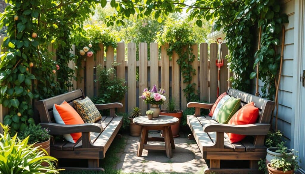 A cozy DIY garden corner seating area featuring rustic wooden benches, adorned with colorful cushions and potted plants. In the foreground, low wooden benches are arranged around a small, circular table decorated with a vase of fresh flowers. The middle ground showcases lush greenery, with climbing vines and flowering shrubs framing the seating area. In the background, a soft wooden fence adds charm, while a few garden tools lean against it, emphasizing a casual, inviting atmosphere. The scene is bathed in bright natural light, with soft sunlight filtering through leaves, creating dappled shadows on the ground. The overall mood is serene, perfect for relaxation or social gatherings. Ideal for showcasing DIY garden ideas and appealing to outdoor enthusiasts.