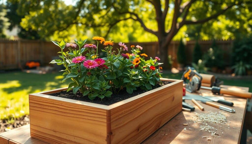 A cozy, DIY raised garden in the foreground, showcasing a wooden planter box made from rich, warm cedar boards. The box is brimming with lush green plants and vibrant flowers, accentuated with soil that has small drainage holes visible at the bottom for proper water management. In the middle ground, various tools like a saw and a drill, neatly arranged on a workbench, represent the construction process, with shavings and cut wood scattered around. The background features a bright backyard scene filled with soft sunlight filtering through overhanging trees, casting gentle shadows. The overall mood is inviting and productive, conveying the sense of accomplishment in gardening. A wide-angle perspective captures the detail of the planter box, emphasizing its structural integrity.